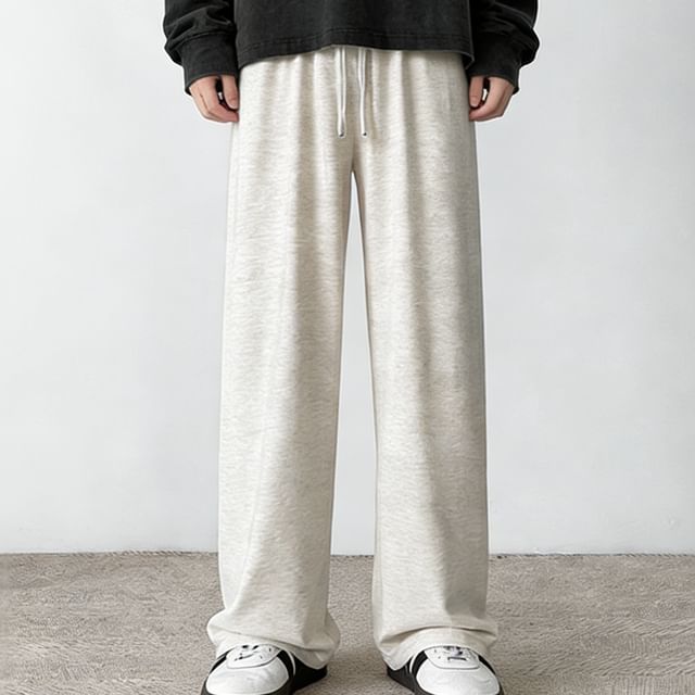 Dovitade-Drawstring Waist Plain Wide Leg Sweatpants