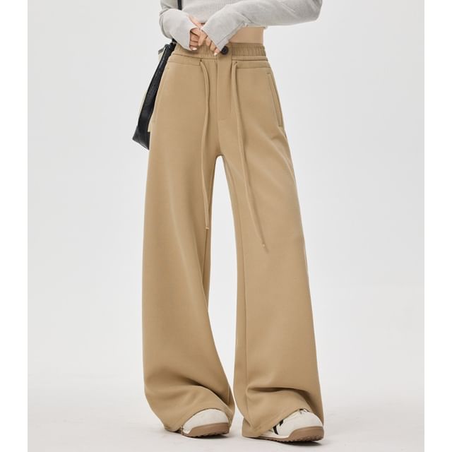 Dovitade-Drawstring Waist Plain Wide Leg Sweatpants