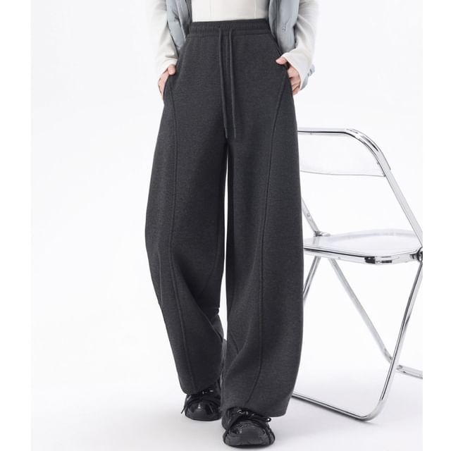 Dovitade-Drawstring Waist Plain Wide Leg Sweatpants