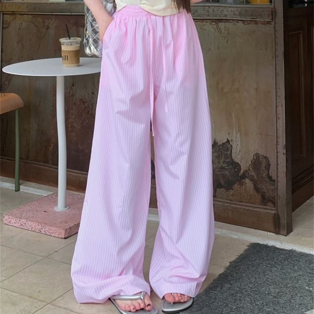 Dovitade-Drawstring Waist Striped Baggy Pants