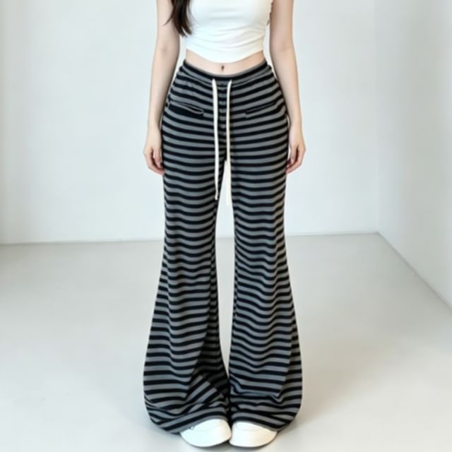 Dovitade-Drawstring Waist Striped Flared Knit Pants