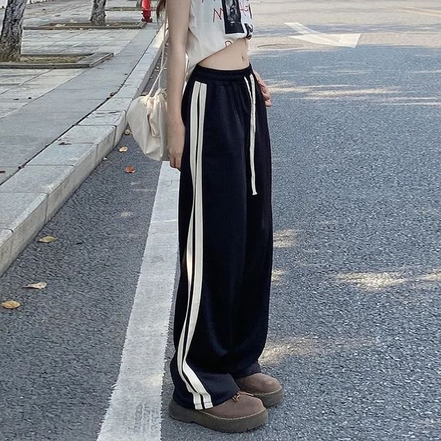 Dovitade-Drawstring Waist Striped Wide Leg Pants