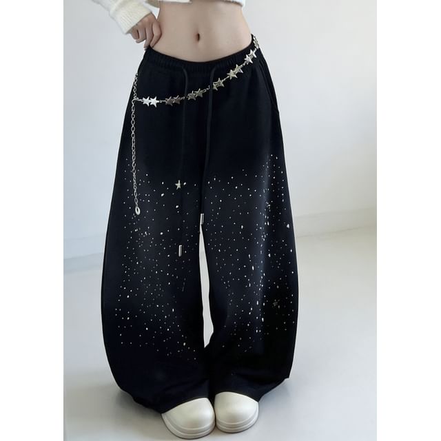 Dovitade-Drawstring Waist Washed Rhinestone Baggy Sweatpants