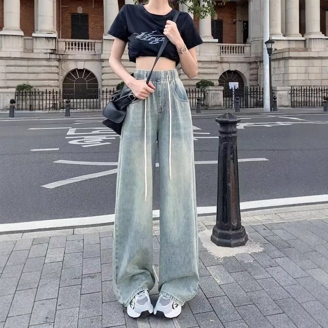 Dovitade-Drawstring Waist Washed Wide Leg Jeans