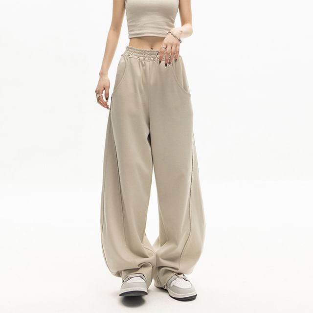 Dovitade-Elastic Waist Plain Baggy Sweatpants
