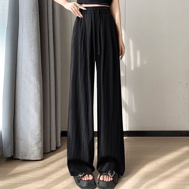 Dovitade-Elastic Waist Plain Wide Leg Pants