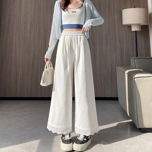 Dovitade-Elastic Waist Plain Wide Leg Pants