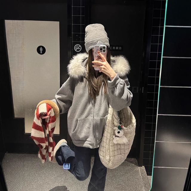 Dovitade-Fluffy Trim Zip-Up Hoodie