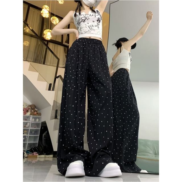 Dovitade-High Rise Dotted Wide Leg Pants