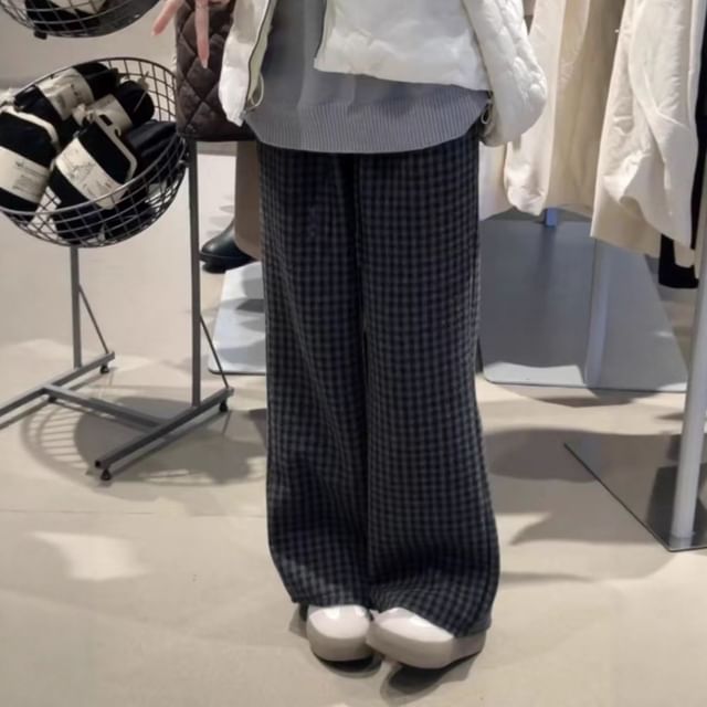 Dovitade-High Waist Gingham Wide Leg Pants