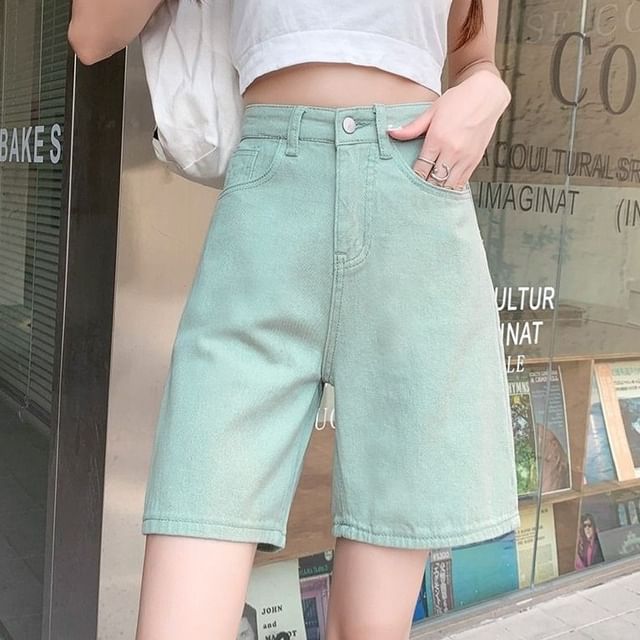 Dovitade-High Waist Longline Denim Shorts