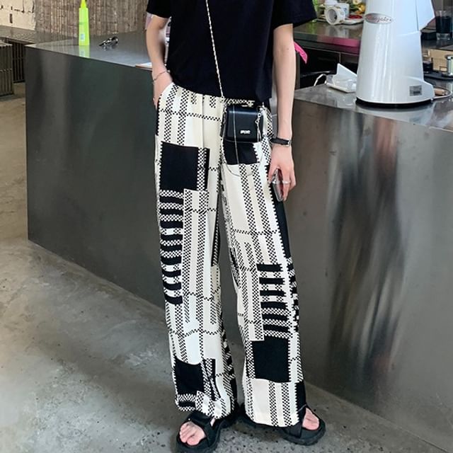 Dovitade-High Waist Plaid Straight Leg Pants
