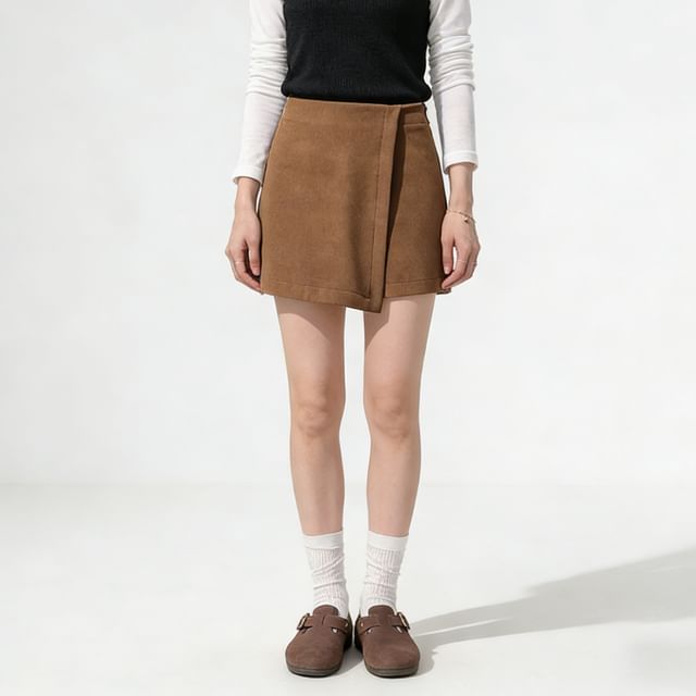 Dovitade-High Waist Plain Asymmetrical Mini A-Line Skort