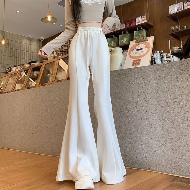 Dovitade-High Waist Plain Bell Bottom Sweatpants