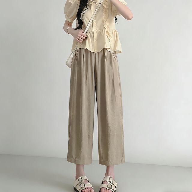 Dovitade-High Waist Plain Cropped Straight Leg Pants