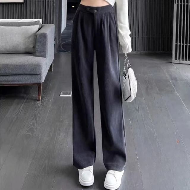 Dovitade-High Waist Plain Loose Fit Pants
