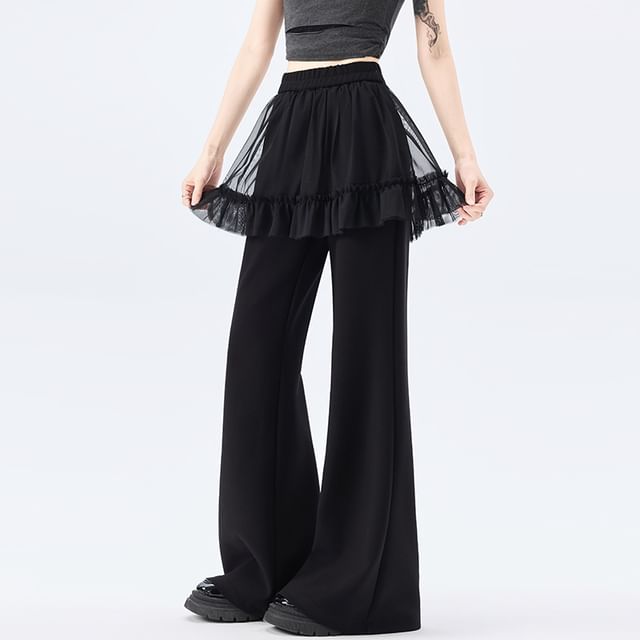 Dovitade-High Waist Skirt Overlay Flared Pants