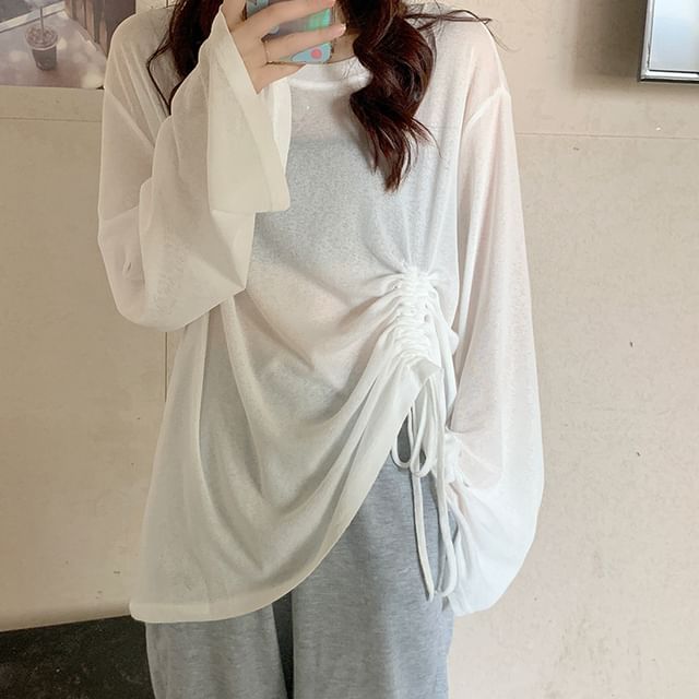 Dovitade-Long-Sleeve Drawstring Plain T-Shirt