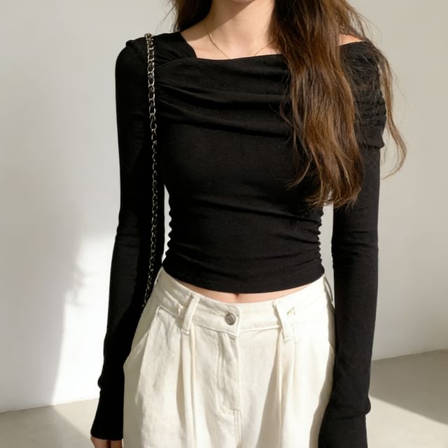 Dovitade-Long Sleeve One Shoulder Plain Ruched Panel Mesh Top