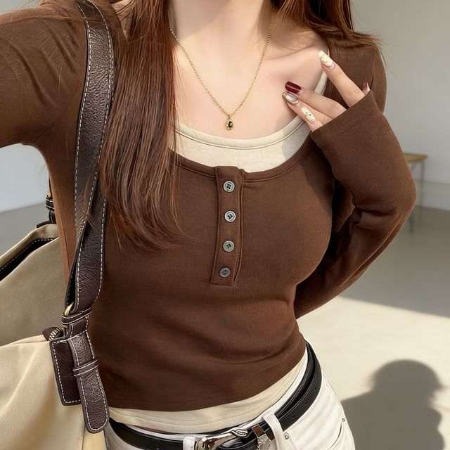 Dovitade-Long Sleeve Scoop Neck Mock Two Piece Button Top