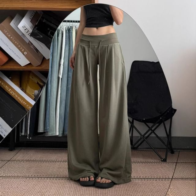 Dovitade-Low Waist Plain Wide Leg Pants