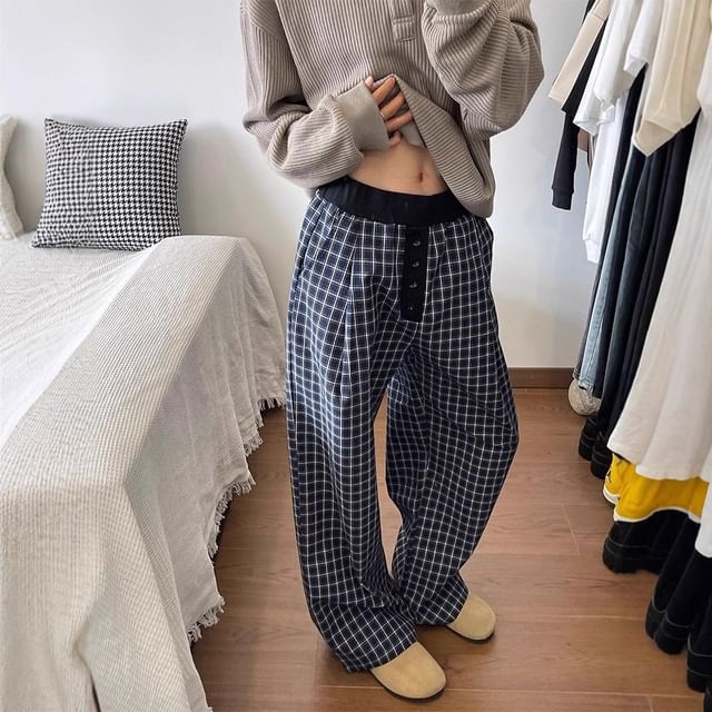 Dovitade-Mid Rise Plaid Baggy Pants