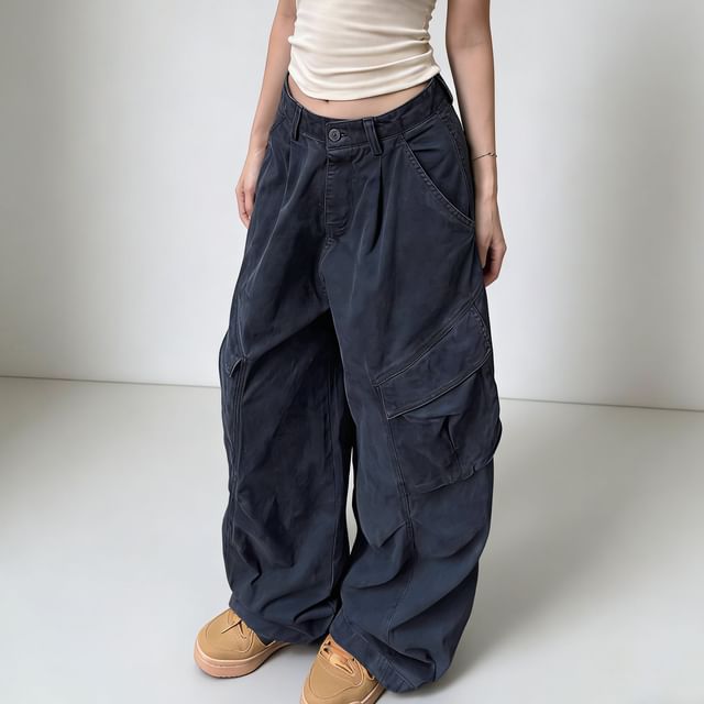 Dovitade-Mid Rise Plain Baggy Cargo Pants