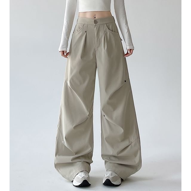 Dovitade-Mid Rise Plain Barrel Wide Leg Pants