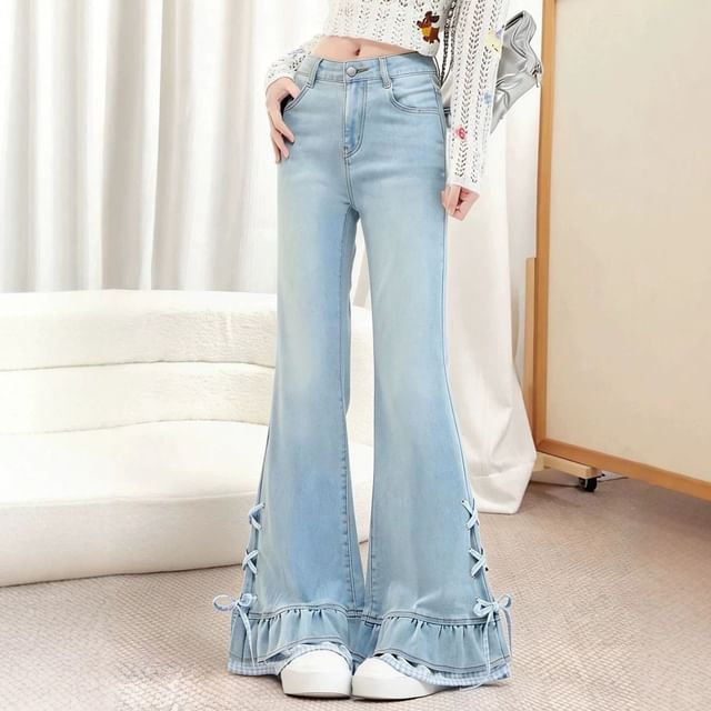 Dovitade-Mid Waist Washed Slim Fit Flared Jeans