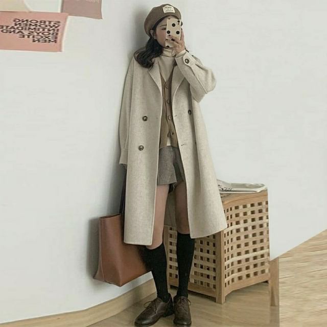 Dovitade-Plain Midi Double-Breasted Coat