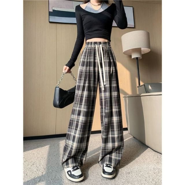 Dovitade-Plus Size High Rise Plaid Wide Leg Pants
