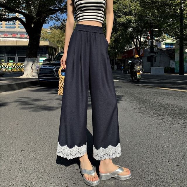 Dovitade-Plus Size High Rise Plain Wide Leg Pants