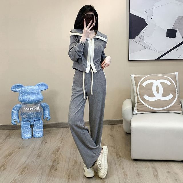 Dovitade-Set Contrast Trim Zip Jacket Drawstring Waist Plain Wide Leg Sweatpants