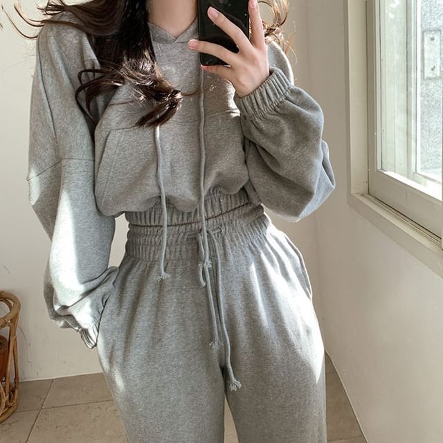 Dovitade-Set Drawstring Cropped Hoodie Drawstring Waist Tapered Sweatpants