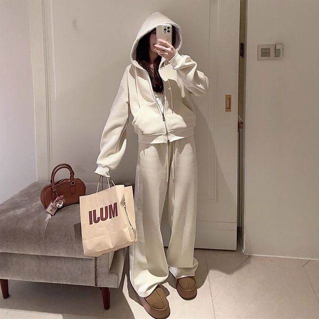 Dovitade-Set Plain Drawstring Zip Hoodie Drawstring Waist Baggy Sweatpants