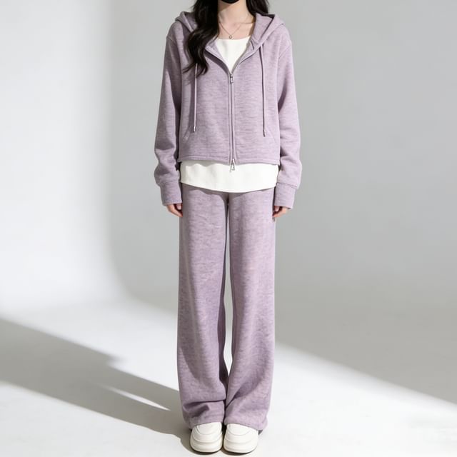 Dovitade-Set Plain Zip Hoodie Wide Leg Sweatpants
