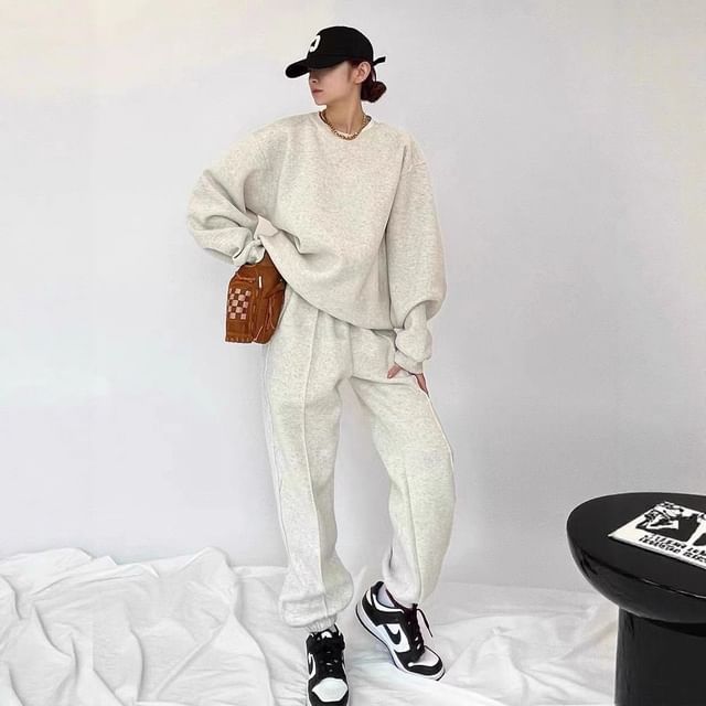 Dovitade-Set Round Neck Plain Pullover High Waist Harem Sweatpants