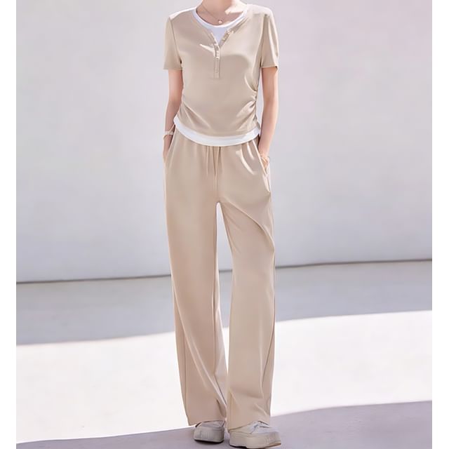 Dovitade-Set Short Sleeve Round Neck Mock Two Piece Drawstring Top Drawstring Waist Plain Wide Leg Sweatpants