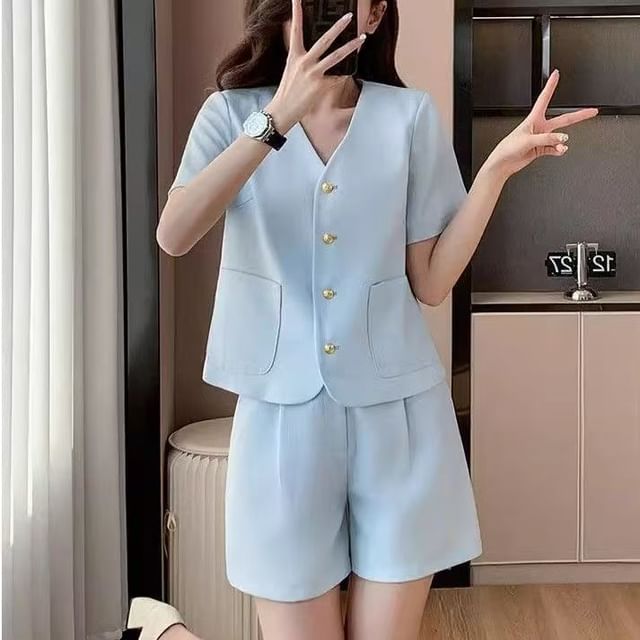 Dovitade-Set Short-Sleeve V-Neck Plain Button Up Jacket High Waist Plain Shorts