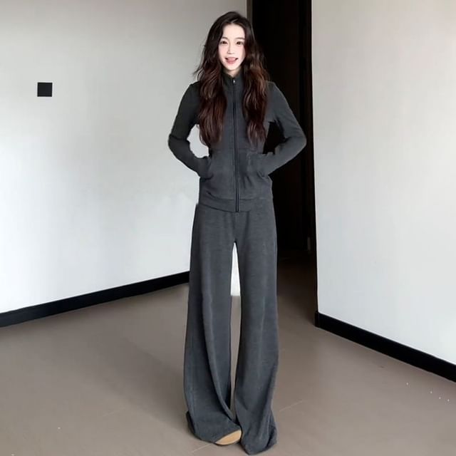 Dovitade-Set Stand Collar Plain Zip Jacket Elastic Waist Wide Leg Sweatpants