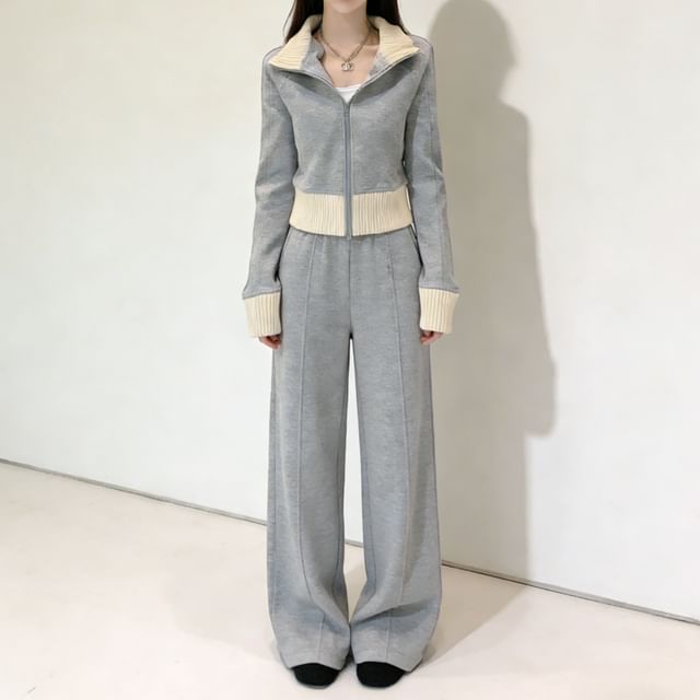 Dovitade-Set Stand Collar Two Tone Panel Fleece-Lined Zip Jacket High Waist Wide Leg Sweatpants