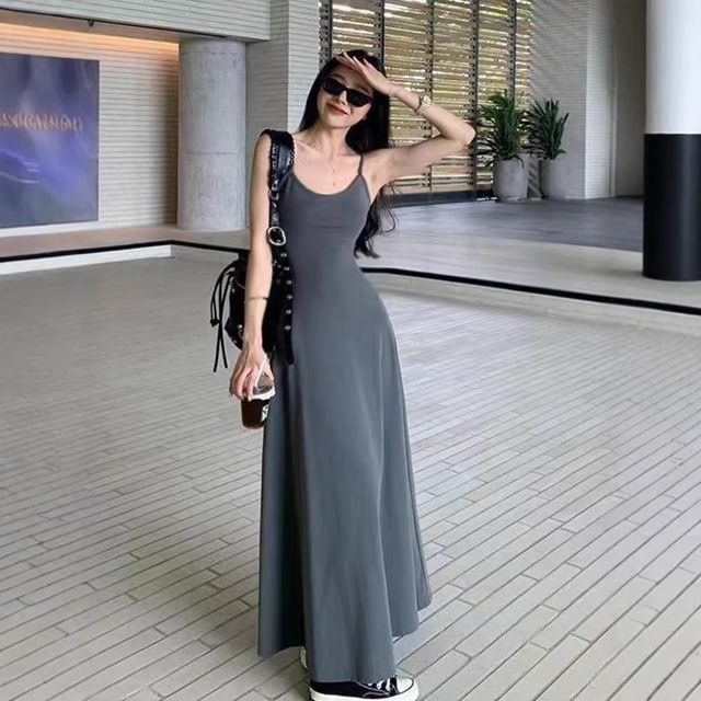 Dovitade-Spaghetti Strap Plain Maxi A-Line Dress