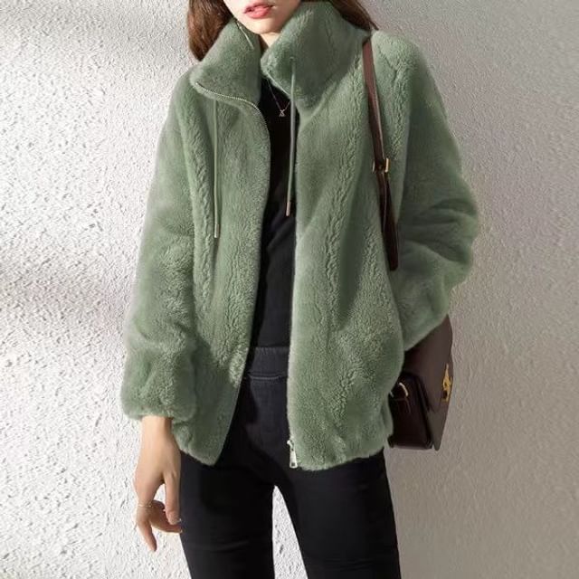 Dovitade-Stand Collar Plain Drawstring Fleece Zip Jacket