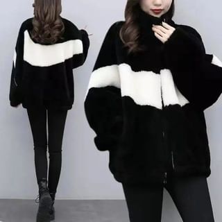 Dovitade-Stand Collar Two Tone Fleece Zip Jacket