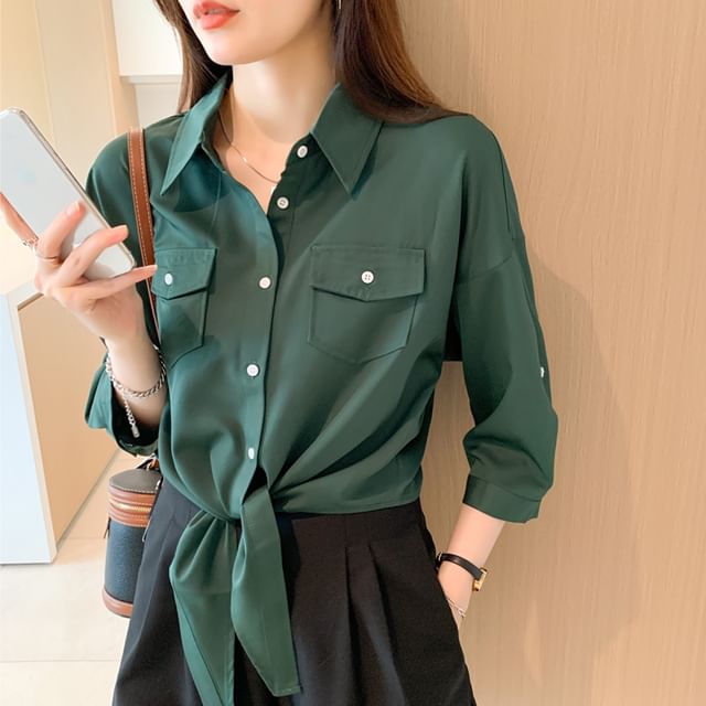 Dragan Pulse-34-Sleeve Collared Tie Hem Button-Up Plain Crop Blouse