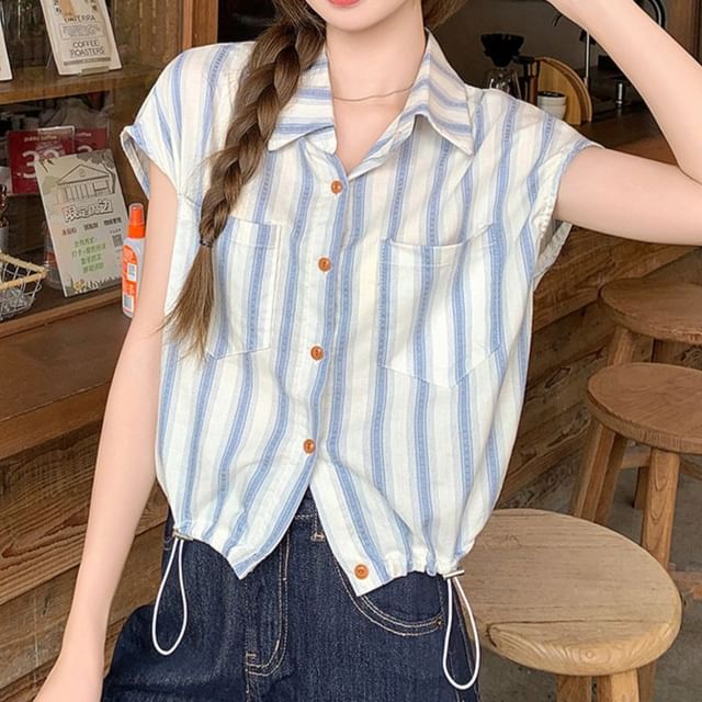 Dragan Pulse-Cap-Sleeve Collared Striped Button Up Shirt