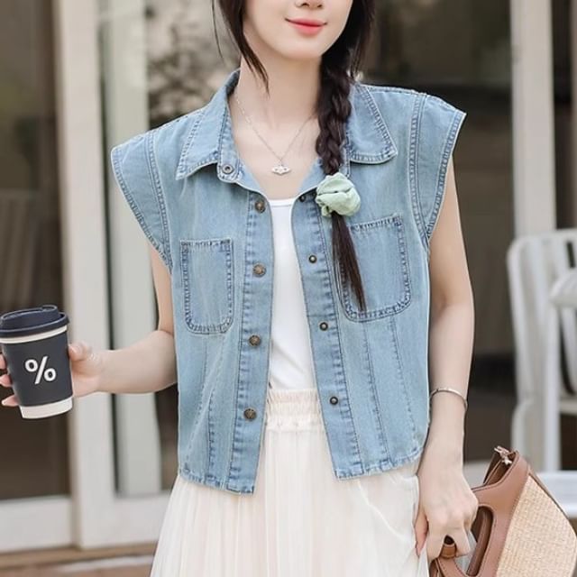 Dragan Pulse-Cap-Sleeve Collared Washed Denim Button Up Vest