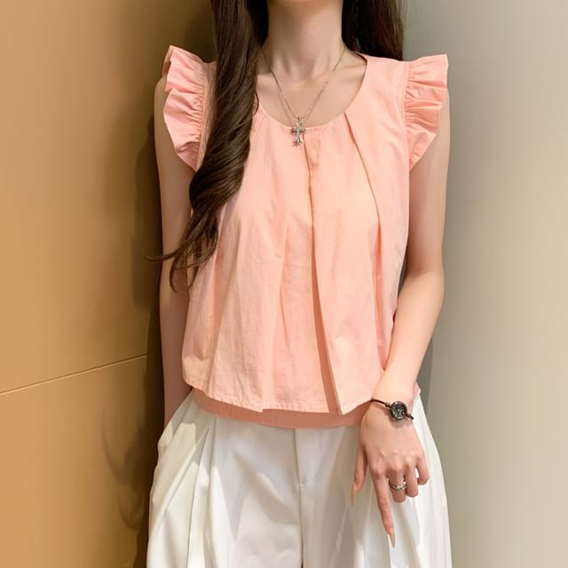 Dragan Pulse-Cap-Sleeve Round Neck Plain Layered Crop Blouse