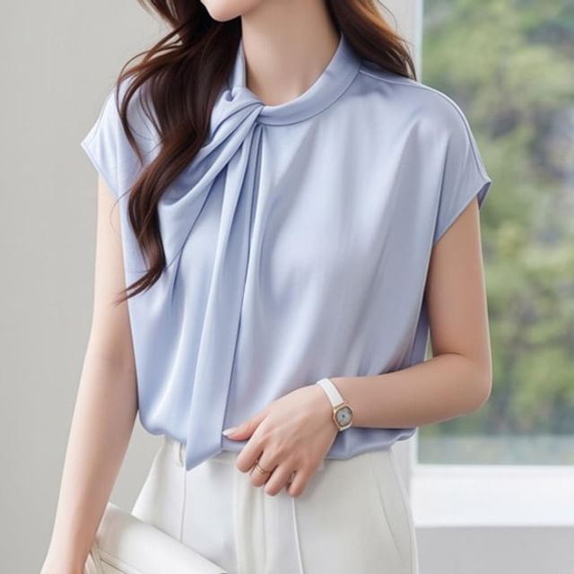 Dragan Pulse-Cap-Sleeve Tie Neck Plain Blouse