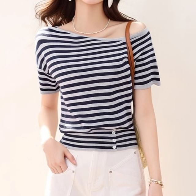 Dragan Pulse-Cold-Shoulder Short-Sleeve Striped Tee